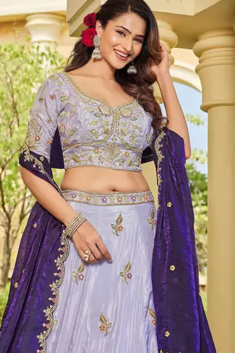 lavender embroidered tissue lehenga set choli with dupatta