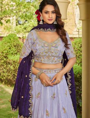 lavender embroidered tissue lehenga set choli with dupatta 4