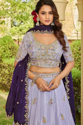lavender embroidered tissue lehenga set choli with dupatta