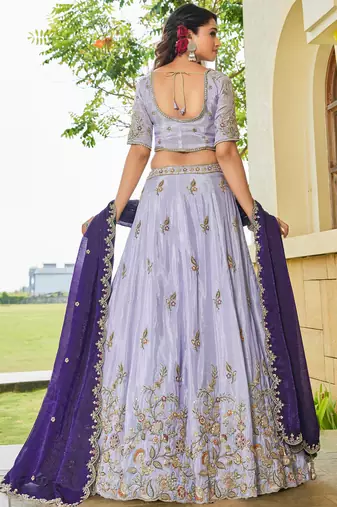 lavender embroidered tissue lehenga set choli with dupatta