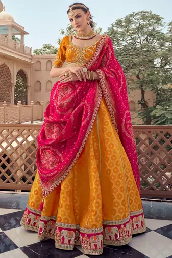  mustard embroidered tissue lehenga set choli with dupatta