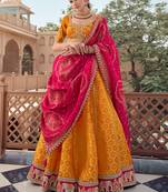  mustard embroidered tissue lehenga set choli with dupatta
