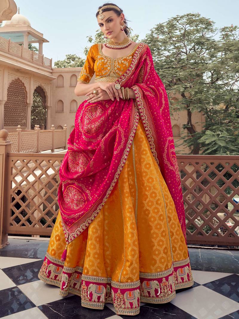  mustard embroidered tissue lehenga set choli with dupatta