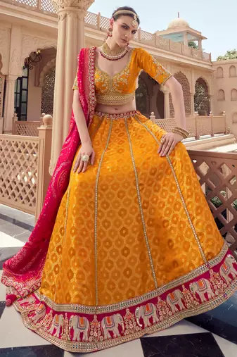  mustard embroidered tissue lehenga set choli with dupatta