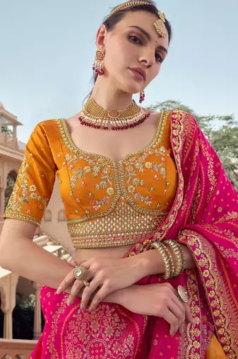  mustard embroidered tissue lehenga set choli with dupatta