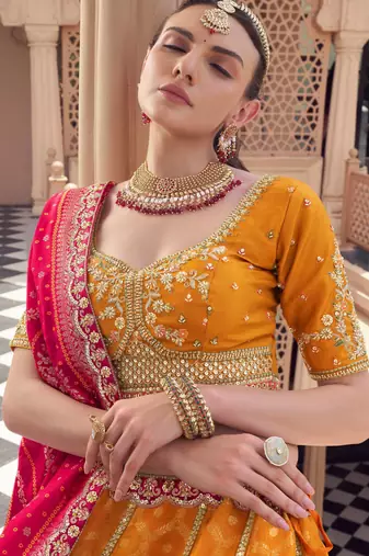  mustard embroidered tissue lehenga set choli with dupatta
