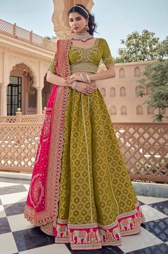 green embroidered tissue lehenga set choli with dupatta