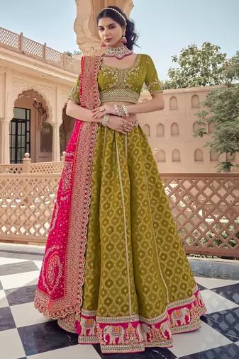 green embroidered tissue lehenga set choli with dupatta