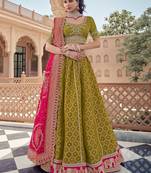 green embroidered tissue lehenga set choli with dupatta