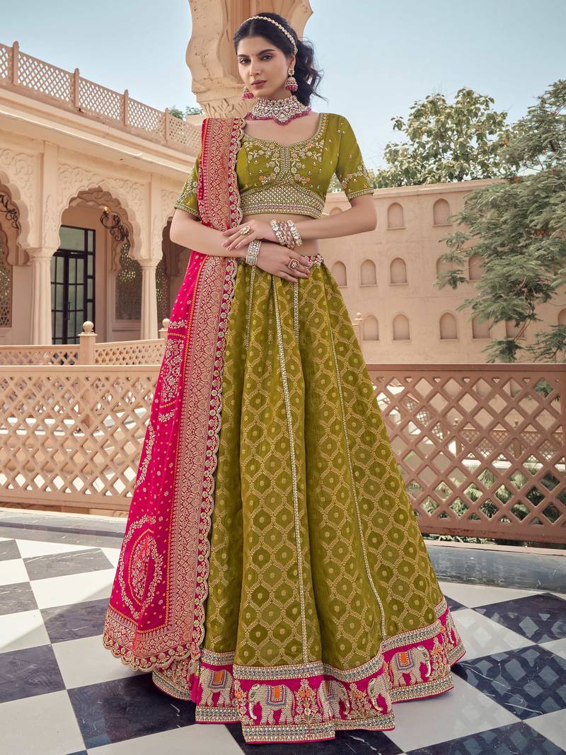 green embroidered tissue lehenga set choli with dupatta