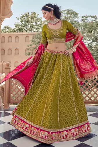 green embroidered tissue lehenga set choli with dupatta