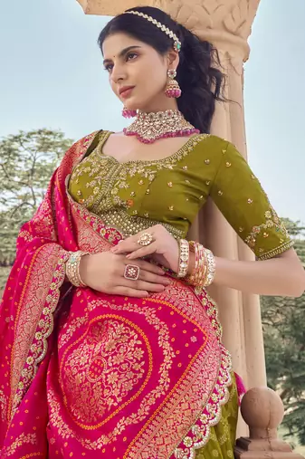 green embroidered tissue lehenga set choli with dupatta