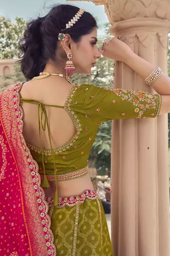 green embroidered tissue lehenga set choli with dupatta
