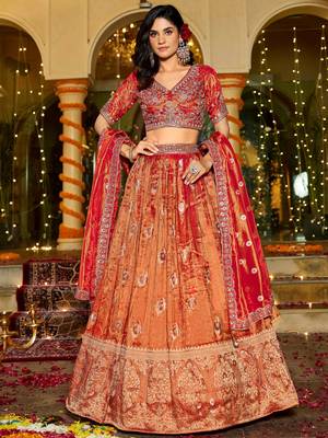 orange zari weaving tissue lehenga set choli with dupatta 1
