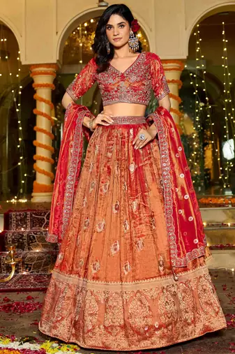 orange zari weaving tissue lehenga set choli with dupatta
