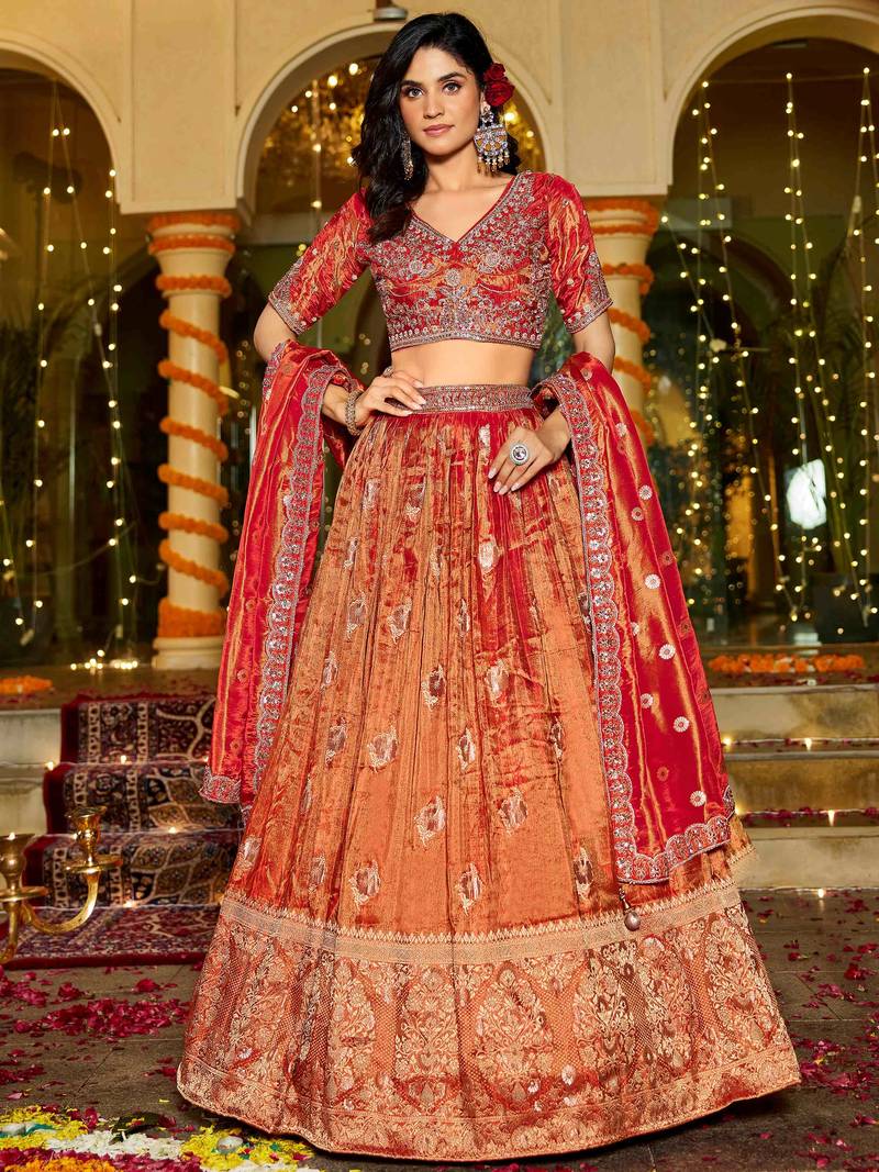 orange zari weaving tissue lehenga set choli with dupatta