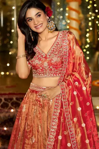 orange zari weaving tissue lehenga set choli with dupatta