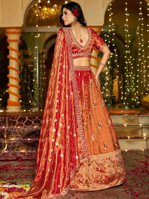 orange zari weaving tissue lehenga set choli with dupatta 3
