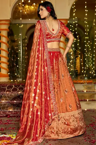 orange zari weaving tissue lehenga set choli with dupatta