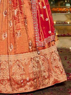 orange zari weaving tissue lehenga set choli with dupatta 4
