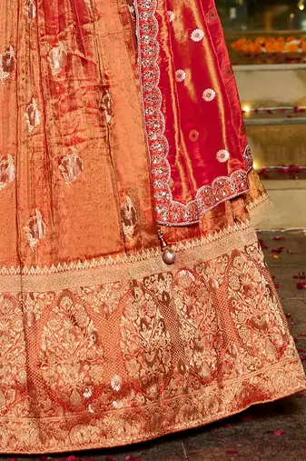 orange zari weaving tissue lehenga set choli with dupatta