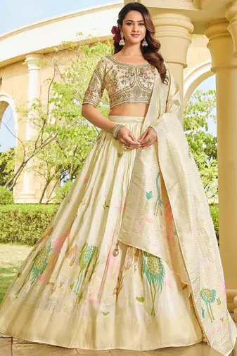 cream zari weaving silk lehenga set choli with dupatta
