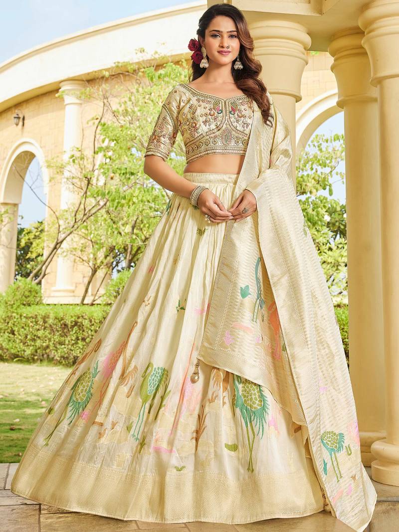 cream zari weaving silk lehenga set choli with dupatta