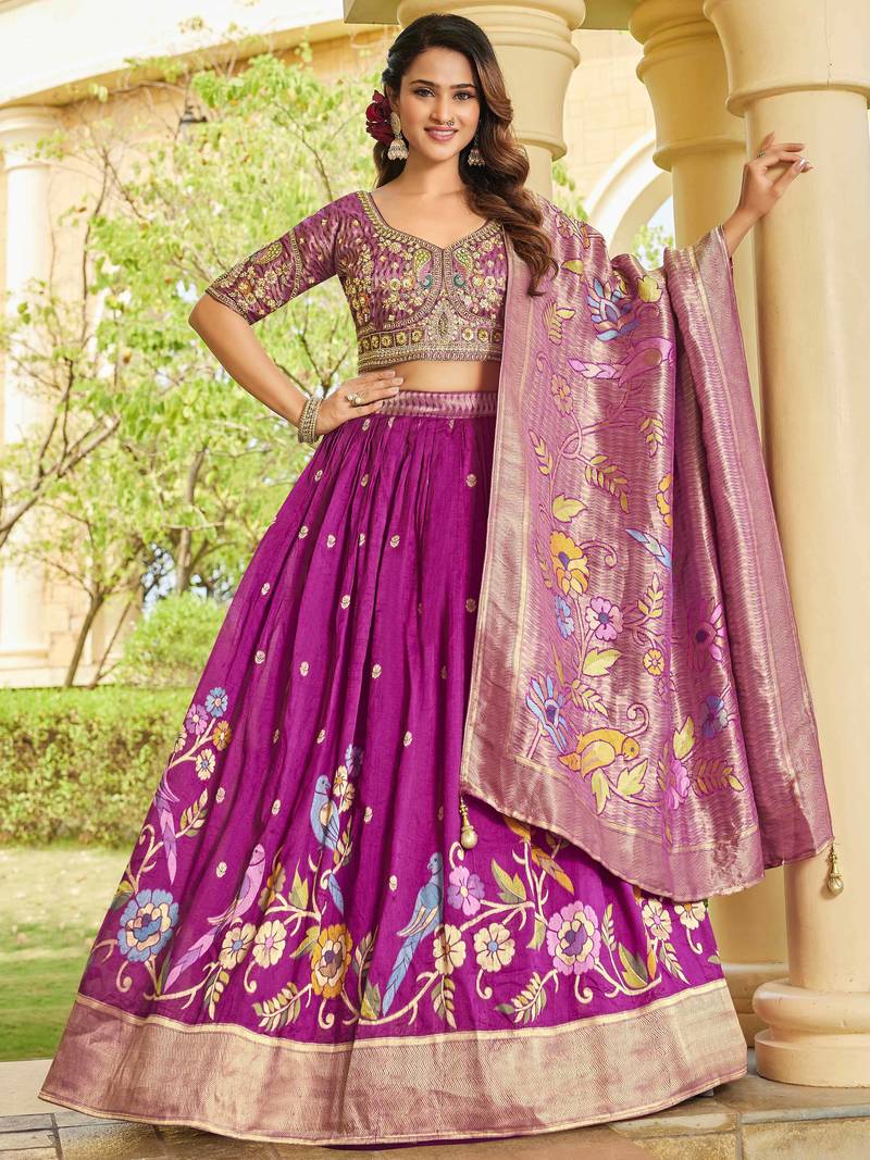 pink zari weaving tussar silk lehenga set choli with dupatta