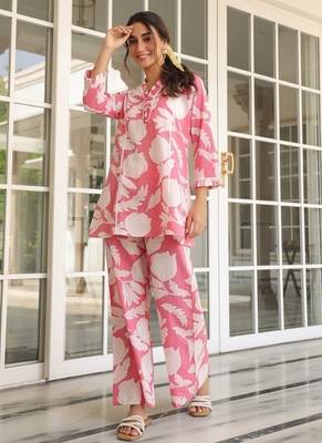Pink Floral printed v_neck  cotton co-ord set 1