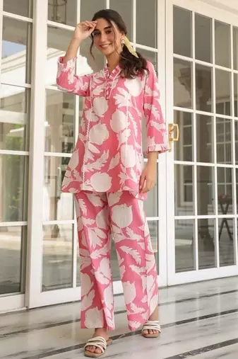 Pink Floral printed v_neck pure cotton co-ord set