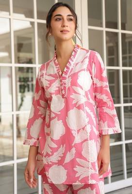 Pink Floral printed v_neck  cotton co-ord set 4