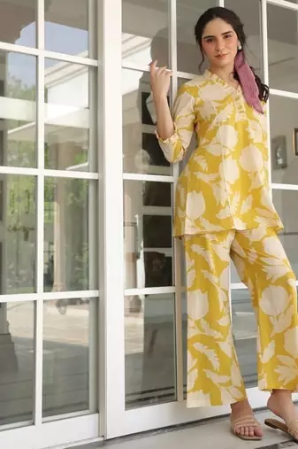 Yellow Floral printed v neck  cotton co-ord set