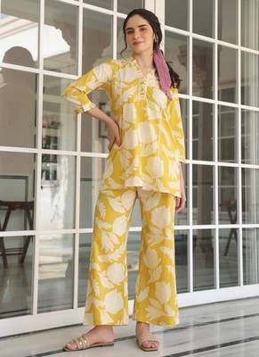 Yellow Floral printed v neck  cotton co-ord set 3