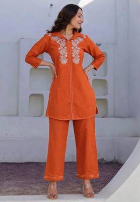 Orange Floral embroidered collar neck  cotton co-ord set 1