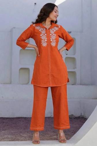 Orange Floral embroidered collar neck pure cotton co-ord set
