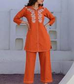 Orange Floral embroidered collar neck pure cotton co-ord set