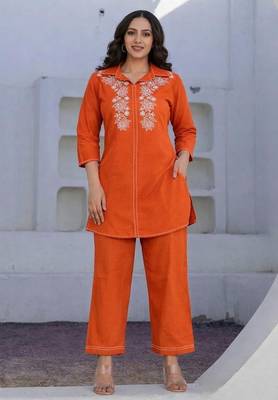 Orange Floral embroidered collar neck  cotton co-ord set 2