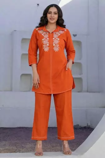 Orange Floral embroidered collar neck  cotton co-ord set