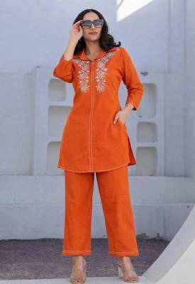 Orange Floral embroidered collar neck  cotton co-ord set 3