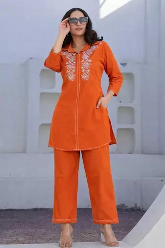 Orange Floral embroidered collar neck  cotton co-ord set