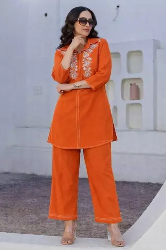 Orange Floral embroidered collar neck  cotton co-ord set