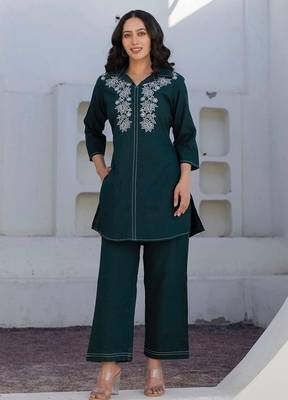 Teal Floral embroidered collar neck  cotton co-ord set 1