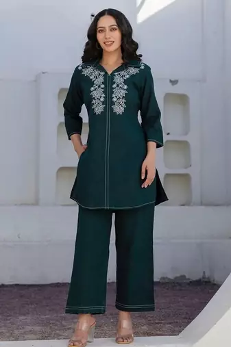 Teal Floral embroidered collar neck pure cotton co-ord set