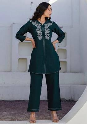 Teal Floral embroidered collar neck  cotton co-ord set 2