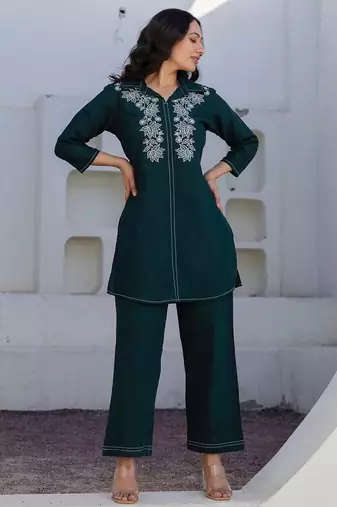 Teal Floral embroidered collar neck  cotton co-ord set