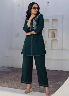 Teal Floral embroidered collar neck  cotton co-ord set 3