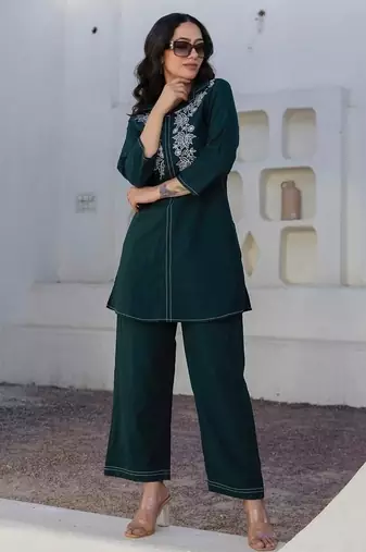 Teal Floral embroidered collar neck  cotton co-ord set