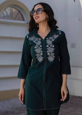Teal Floral embroidered collar neck  cotton co-ord set 4