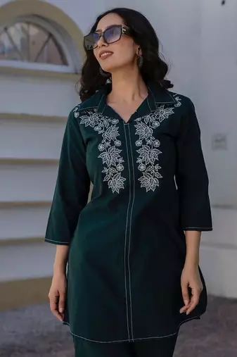 Teal Floral embroidered collar neck  cotton co-ord set
