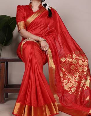 red onam special kerala style raw art silk blend zari weaving saree with unstitched blouse 1